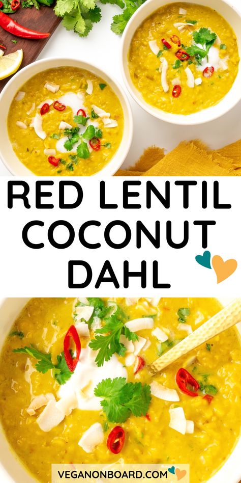 This red lentil dahl with coconut milk is the perfect nourishing weeknight meal. With cozy spices, a creamy texture, and nutritious red lentils, this easy recipe will become a new favourite! Red Lentil Dahl Recipe, Red Lentil Dahl, Red Lentil Recipes, Dahl Recipe, Vegan Chickpea Curry, Lentil Dahl, Lentil Dishes, Vegan Lentil, Coconut Milk Recipes