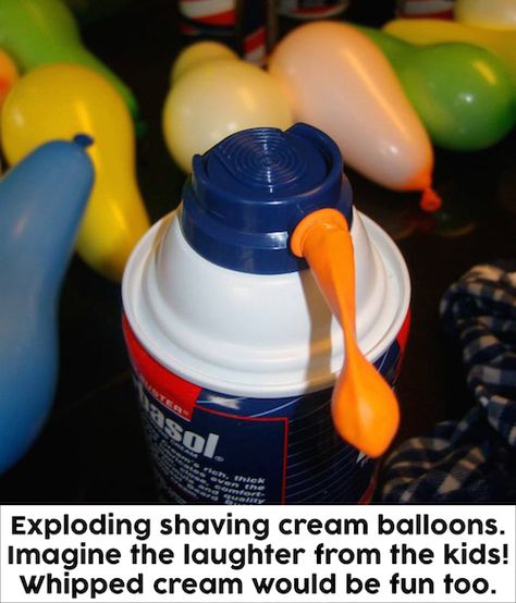 Water balloon fights are fun. Filling water balloons with shaving cream is even MORE fun! I think I'd try it with whipped cream too (yum!). Filled Balloons, Sneak Attack, Games Kids, Field Day, Fun Craft, Outdoor Games, Outdoor Party, Shaving Cream, Summer Activities