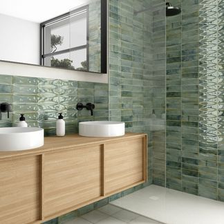 Luxury Bathroom Tiles - Tile Mountain Two Colour Tiles Bathroom, Green Bathroom Wall Tiles, Colorful Tiled Bathroom, Colourful Ensuite Bathroom Ideas, Green Bathroom Tiles Ideas, Colourful Tiles Bathroom, Green Metro Tiles Bathroom, Colour Bathroom Ideas, Colourful Bathroom Tiles