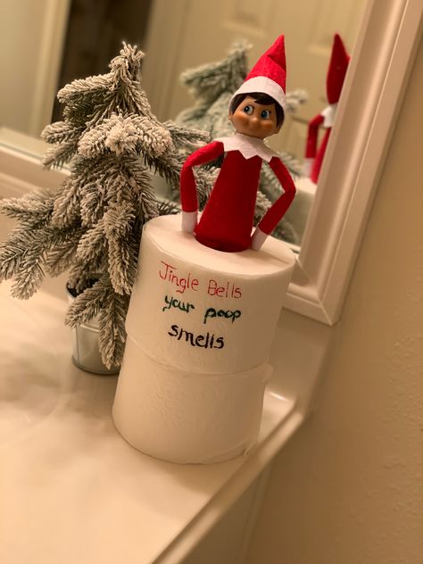 Toliet paper roll foe an easy Elf on the Shelf idea Elf On Shelf Toilet Paper Roll, Elf On The Shelf Toilet Paper, Elf On The Shelf Toilet Paper Prank, Elf On The Shelf Easy, Elf On The Shelf Idea, Shelf Toilet, Easy Elf On The Shelf, Easy Elf, Elf Activities