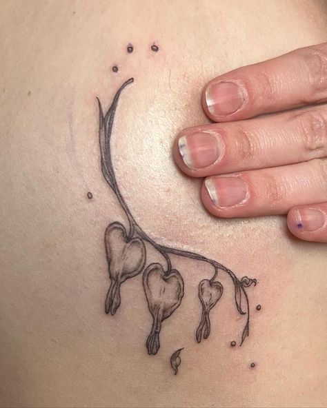 Fine Line Cute Tattoo, String Of Hearts Tattoo, Blooming Tattoo, Cute Heart Tattoos, Delicate Tattoo Ideas, Buttercup Tattoo, Under Breast Tattoo, Heart Flower Tattoo, Bloom Tattoo