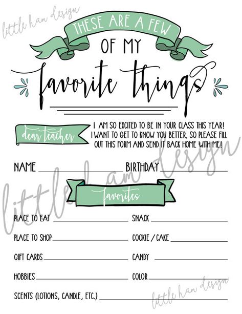 Printable Teacher's Favorite Things, Few of My Favorite Things Teacher Questionnaire Survey, Gift Le Teacher Appreciation Letter, Teacher Questionnaire, Appreciation Letter, Gift Letter, My Favourite Teacher, Letter To Teacher, Secret Sisters, Teacher Birthday, Room Mom