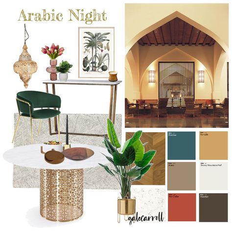 Arabic Interior Design Islamic Cafe Interior Design, Arabic Cafe Design, Arabic Style Interior Design, Arabic Mood Board, Arabian Restaurant Interior Design, Islamic Mood Board, Arab Interior Design, Arabic Restaurant Design, Saudi Interior Design