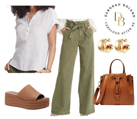 5 Cute Spring Outfit Ideas with Casual Pants - Rust Linen Pants Outfit, Olive Linen Pants Outfit, Wide Leg Dress Pants Outfit, Olive Linen Pants, Wide Leg Trousers Outfit, Comfortable Casual Outfits, Dress Pants Outfits, Linen Pants Outfit, White Flowy Dress