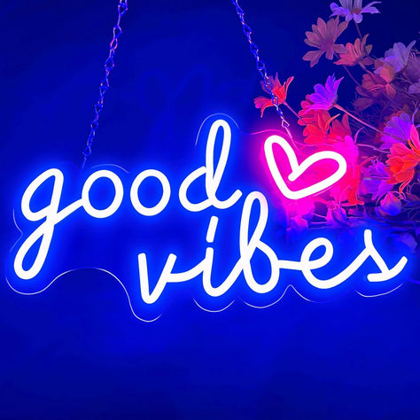 Different with most looks of monotonous blue good vibes sign lights on the market, HOHOSIGN 16"x8" blue good vibes led sign is embellished with a lovely pink heart neon sign and used upgraded materials, the colors are more vivid. Turn off the boring harsh white lights, let the blue good vibes neon light provide a wonderfully ambiguous atmosphere for you! Good Vibes Light, Blue Good Vibes, Neon Room Decor, Blue Room Decor, Mens Room Decor, Heart Neon, Neon Lights Bedroom, Dorm Room Wall Decor, Led Wall Decor