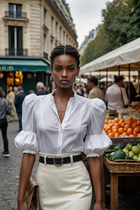 Step into sophisticated style with this stunning outfit featuring a white blouse with playful puffy sleeves, perfectly paired with an ecru skirt cinched at the waist by a chic brown belt. The goldish purse adds a touch of glamour, making this look ideal for any occasion, from brunch to evening outings. Embrace the blend of elegance and modern flair in your wardrobe! #fallfashiontrends #falloutfit #autumnoutfit #fallfashion #womanoutfit #fashioninspo #outfitideas Puffy Skirt Outfit, Romantic Style Outfit, Puffy Sleeves Blouse, Puffy Skirt, Feminine Romantic, Modern Feminine, Sleeves Blouse, Stunning Outfits, Brown Belt