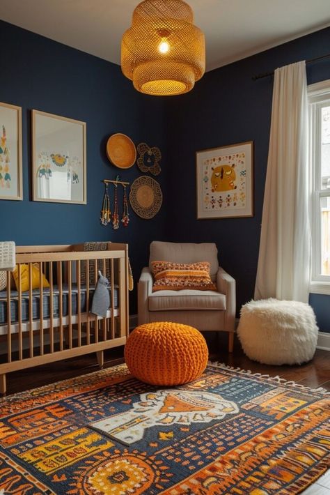 Blue Boho Living Room, Gender Neutral Nursery Colors, Navy Blue Nursery, Boho Chic Nursery, Boho Dining Room, Light Blue Walls, Boho Style Decor, Chic Nursery, Cozy Nursery