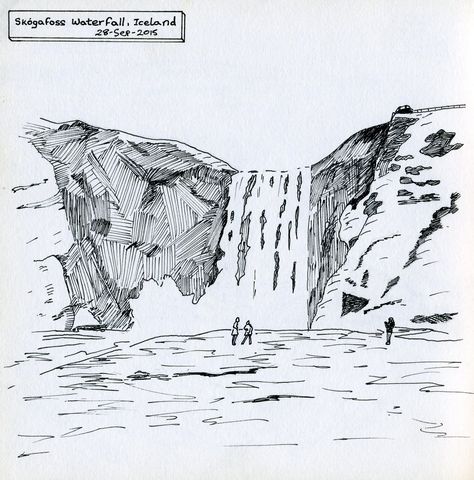 Skogafoss Waterfall in Iceland 2015 Waterfall Line Art, Iceland Tattoo Ideas, Iceland Drawing, Waterfall Sketch, Iceland Tattoo, Section Drawing Architecture, Waterfall Tattoo, Waterfall Drawing, Skogafoss Waterfall