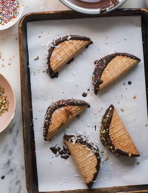 Homemade Choco Tacos Choco Taco, Waffle Cone Maker, Frozen Dessert Recipe, Chocolate Maker, Fudge Sauce, Taco Stuffed Shells, Waffle Cones, Cozy Kitchen, Taco Recipes