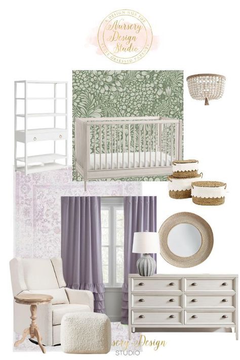 Baby Girl Nursery Light Purple, Purple And Green Baby Room, Purple And Sage Nursery, Green And Purple Nursery Girl, Purple Green Nursery, Sage Green And Purple Nursery, Sage Green And Lavender Living Room, Sage Green And Lilac Nursery, Purple And Green Nursery Girl