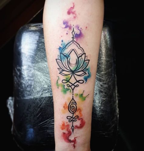 Chakra Tattoo Lotus, Unalome Chakras Tattoo, Unalome Watercolor Tattoo, Chakra Symbols Tattoo, Reiki Tattoo, Spiritual Sleeve Tattoo, Tattoo Buddhist, Chakra Tattoos, Watercolor Lotus Tattoo