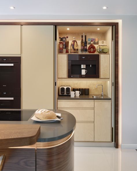 Our very popular pocket door hidden breakfast bar with birch ply interior in a stunning modern kitchen Hidden Breakfast Bar, Toaster Station, Hidden Coffee Station, Kitchen Cabinets Backsplash, Small Kitchen Redo, Tile Hexagon, Breakfast Station, Pantry Layout, Coffee Station Kitchen