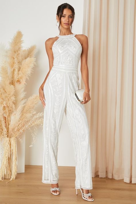 Tell Me Everything White Beaded Sequin Wide-Leg Jumpsuit White Halter Jumpsuit, White Jumpsuit Wedding, Tell Me Everything, Lulu Pants, Straps Jumpsuit, Trendy Bride, Tops Trendy, Bridal Jumpsuit, Wedding Jumpsuit