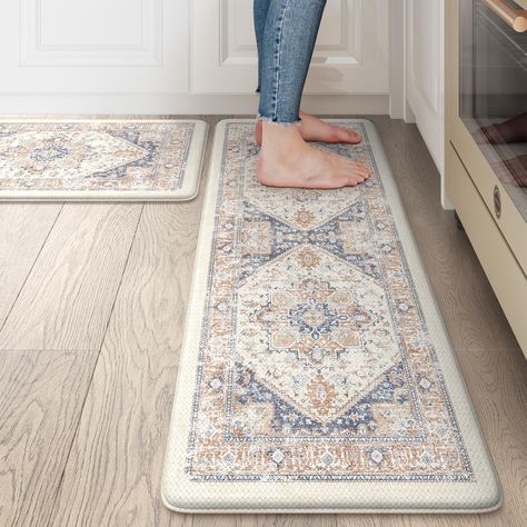 PRICES MAY VARY. Non-slip: Kitchen mat with beveled edge design and high-density non-slip backing prevents tripping and slipping, providing safety for your family, suitable for various floor surfaces-tile, wood, ceramic, marble, etc Comfort: The anti-fatigue kitchen floor mat is ergonomically designed and made of high-quality PVC material. The 0.47-inch thickness is both soft and supportive. This comfort kitchen mat can help reduce back pain, relieve standing fatigue, and make you more comfortab Laundry Room Rug Ideas, Kitchen Mats Floor Ideas, Kitchen Rug Placement, Kitchen Rug Ideas, Modern Kitchen Mat, Farmhouse Kitchen Rugs, Kitchen Floor Mats, Light Blue Kitchens, Standing Mat