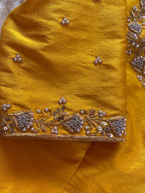 Buy Pure Silk Hand Embroidery Blouse / Saree Maggam Yellow Blouse /yellow Blouse/ Hand Embroidered Blouse / Ready Made Blouse Zardosi/voggish Online in India - Etsy Pure Silk Saree Blouse Designs, Simple Elegant Aari Work, Silk Saree Blouse Embroidery Designs, Embroidery Silk Blouse Designs, Simple Work On Blouse, Simple Blouse Design For Silk Saree, Yellow Blouse Work Designs, Yellow Silk Saree Blouse Designs, Embroidery Design Blouse