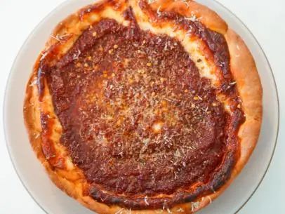 Deep Dish Cheese Pizza Recipe | Giada De Laurentiis | Food Network Cheese Pizza Recipe, Giada De Laurentiis, Springform Pan, Pizza Recipe, Marinara Sauce, Oven Racks, Deep Dish, Pizza Dough, Marinara