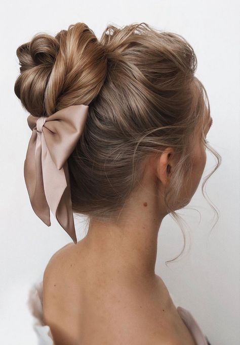 Wedding Hair Bun High, Hair Up With Bow, European Hairstyles, Bun With Bow, Bridesmaid Hair Inspo, Holiday Party Hair, Wedding Bun Hairstyles, European Hair, Hair Buns