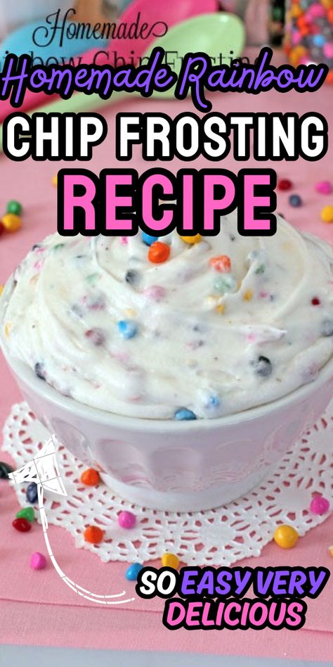 Homemade Rainbow Chip Frosting Recipe Rainbow Chip Frosting, Funfetti Frosting, How To Make Frosting, Homemade Chips, Frosting Recipe, Gel Food Coloring, Vanilla Frosting, Cake Mix Recipes, Cake Mix Cookies