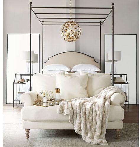 Aberdeen Canopy Bed #PotteryBarn #Promotion Oversized Floor Mirror, Metal Canopy Bed, Above Bed, Canopy Bed, Master Bedrooms Decor, Floor Mirror, Beautiful Bedrooms, Innovative Design, Barn Doors