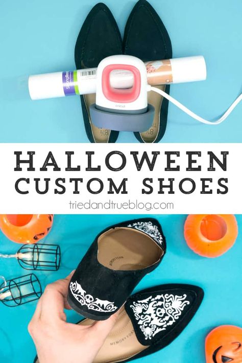 Make these custom Halloween Shoes in just minutes with Cricut and EasyPress Mini! #halloween #vinyl Cricut Shoes, Backpack Tutorial, Unicorn Slippers, Halloween Vinyl, Halloween Shoes, Mini Iron, Make Halloween, Shoes Diy, Cricut Explore Air 2