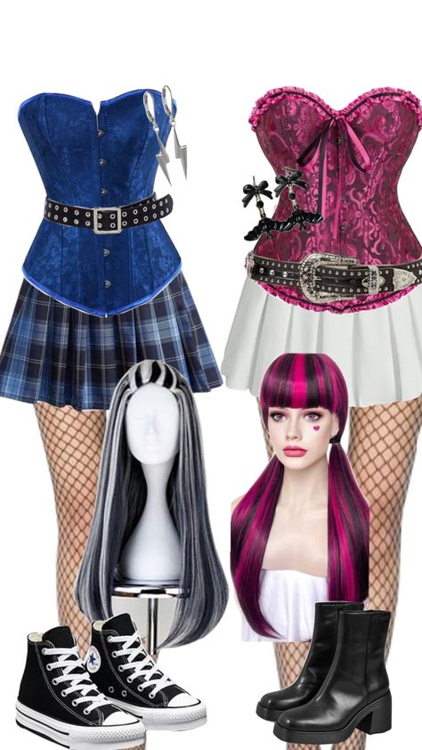 Cleo And Draculaura Halloween, Draculara And Frankie Halloween, Draculaura And Claude Costume, Dracula From Monster High, Monster High Halloween Costumes Duo, Draculaura Monster High Costume, Frankie Monster High Costume Ideas, Monster High Doll Halloween Costume, Frankie And Draculaura Costume