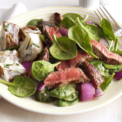 Steak-Spinach Salad With Sour-Cream Potatoes by Food Network Kitchen Cream Potatoes Recipe, Salad With Sour Cream, Cream Potatoes, Sour Cream Potatoes, Healthy Beef Recipes, Healthy Grilling Recipes, Healthy Beef, Creamed Potatoes, Healthy Grilling