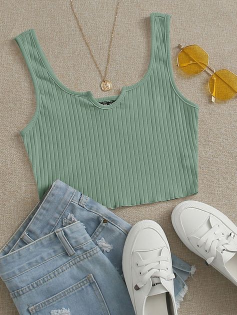 Mint Green Casual   Cotton Plain Tank Embellished Slight Stretch Summer Women Tops, Blouses & Tee Mint Green Tank Top Outfit, Productos Aesthetic, Green Top Outfit, Amulya Rattan, Trendy Tank Tops, Top Summer Outfits, Trendy Summer Outfits, Women Tank Tops, Simple Trendy Outfits