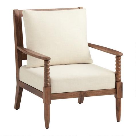 Charlee Rustic Mahogany Bobbin Upholstered Chair | World Market World Market Chair, Mediterranean Farmhouse, Affordable Seating, Affordable Area Rugs, Upholstered Swivel Chairs, Living Room Decor Inspiration, Places To Shop, Living Room Lounge, Upholstered Chair