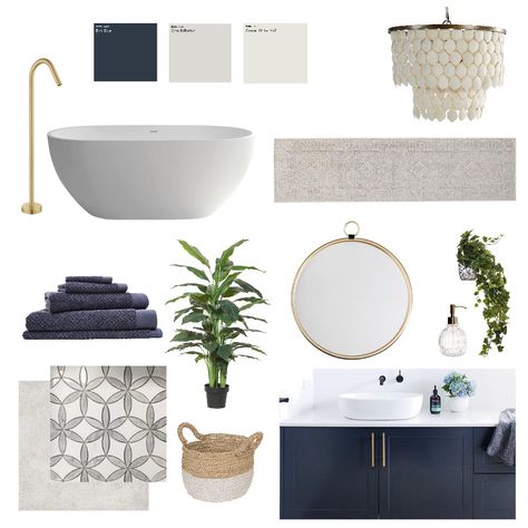 Grey Bathroom Mood Board, Navy Blue Bathrooms, Navy Bathroom, Small Bathroom Remodel Designs, Blue Bathroom Vanity, Design Mood Board, Blue Vanity, Coastal Bathroom, Light Hardwood Floors