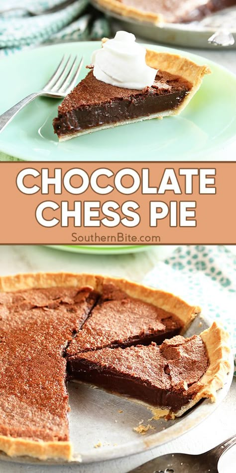 This no-fail recipe for the classic southern Chocolate Chess Pie is quick, easy, and super delicious! Chocolate Chess Pie Recipe, Buttery Flaky Pie Crust, Chess Pie Recipe, Chocolate Chess Pie, Chess Pie, Chocolate Pie Recipes, Chocolate Custard, Recipe For Breakfast, Southern Desserts