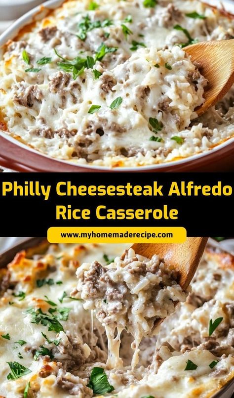 This Philly Cheesesteak Alfredo Rice Casserole combines all the flavors of a classic cheesesteak in a creamy, cheesy rice dish! A hearty meal that’s perfect for any night of the week. Philly Cheese Steak Casserole, Cheesy Rice, Chef Gordon, Chef Gordon Ramsay, Oven Baked Recipes, Comfort Casseroles, Simple Green Salad, Rice Casserole, Hearty Dinner