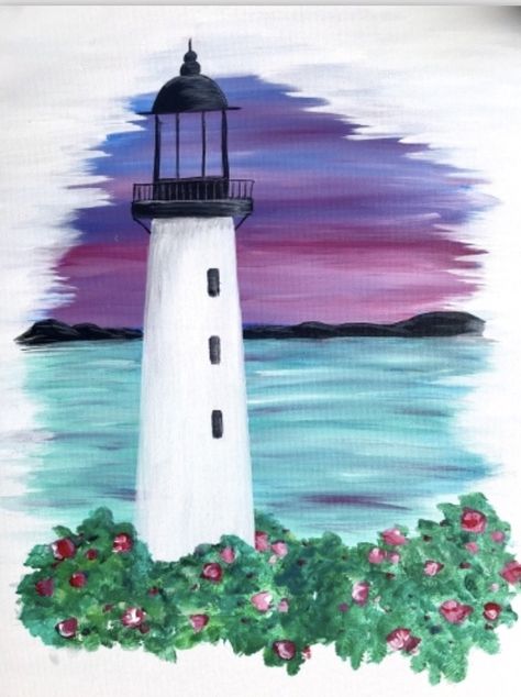 Sunset By The Sea, Lighthouse Sunset, Lighthouse Painting, Paint Nite, Canvas Painting Tutorials, Cute Canvas Paintings, Easy Canvas Art, Easy Canvas Painting, Seni 3d