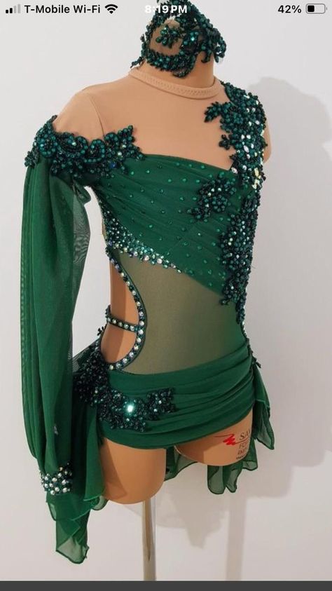 Emerald Green Lyrical Dance Costume, Freestyle Dance Outfits, Green Dance Costume, Acro Costumes, Contemporary Dance Outfits, Depop Clothes, Leotard Dance Costume, Cute Dance Costumes, Pretty Dance Costumes