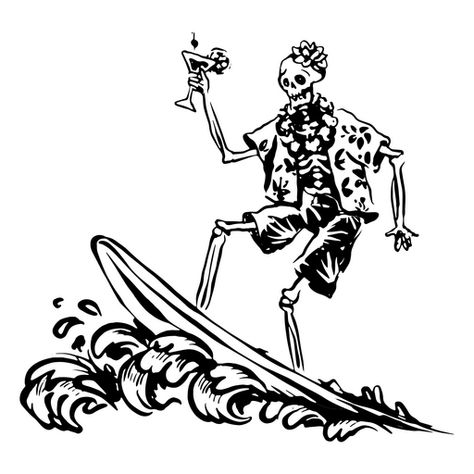 Skeleton In Hawaiian Shirt Tattoo, Line Art Character, Surf Skeleton Tattoo, Grim Reaper Surfing Tattoo, Summer Line Art, Skeleton Holding Surfboard, Skeleton Summer, Skeleton Surfing Drawing, Surfing Skeleton