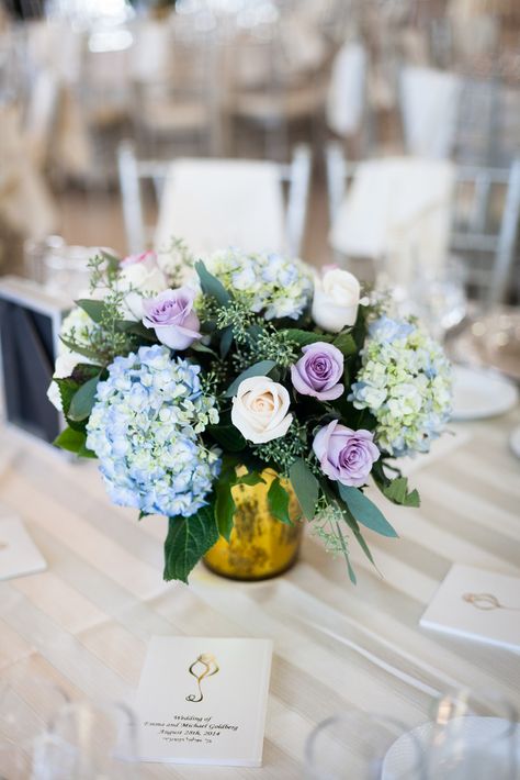 Purple Rose and Blue Hydrangea Centerpiece Blue Hydrangea Centerpiece, Purple Hydrangea Centerpieces, Lawyer Wedding, Hydrangea Wedding Decor, Purple And White Roses, Lavender Wedding Centerpieces, Blue Hydrangea Centerpieces, Purple Flower Centerpieces, Purple Hydrangea Wedding