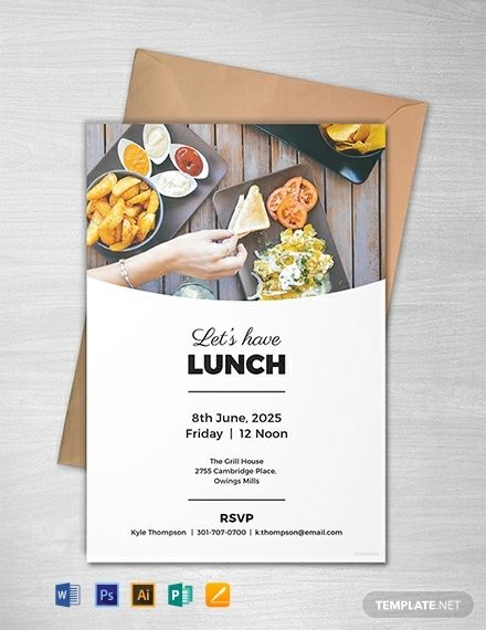 FREE Simple Lunch Invitation Template - Word | PSD | InDesign | Apple Pages | Publisher | Template.net Get Together Invitation Friends, Free Invitation Templates Download, Lunch Invitation Template, Invitation Card Design Templates, Lunch Invitation, Wedding Lunch, Simple Lunch, Dinner Invitation Template, Food Background