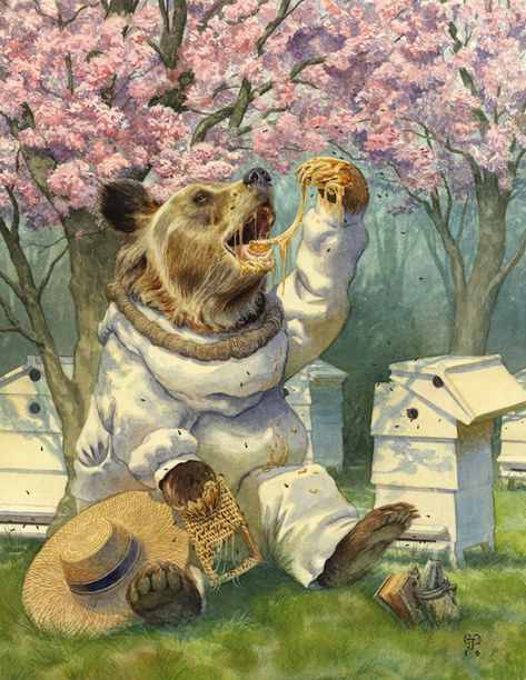 Beekeepr by Chris Dunn Illustration. A grizzly bear eats honey from his apiary. Chris Dunn Illustration, Bear Eating, Art Mignon, Bear Illustration, Bee Art, Art Et Illustration, Bear Art, Arte Fantasy, Art Base