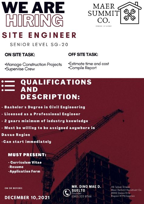 Job Advertisement Poster, Davao Region, Civil Engineering Jobs, Hiring Poster, Job Poster, Curriculum Vitae Resume, Professional Engineer, Davao City, Engineering Jobs