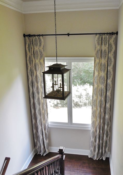 Medallion print #ringcurtains in a #stairway  #windowtreatments www.LadyDiannes.com Window Treatments Stairway, Stair Landing Window Treatments, Stairway Window Curtains, Stair Landing Decor Ideas With Window, Stairway Landing Ideas, Stair Landing Decor Ideas, Stairway Window, Landing Decor Ideas, Stair Landing Decor