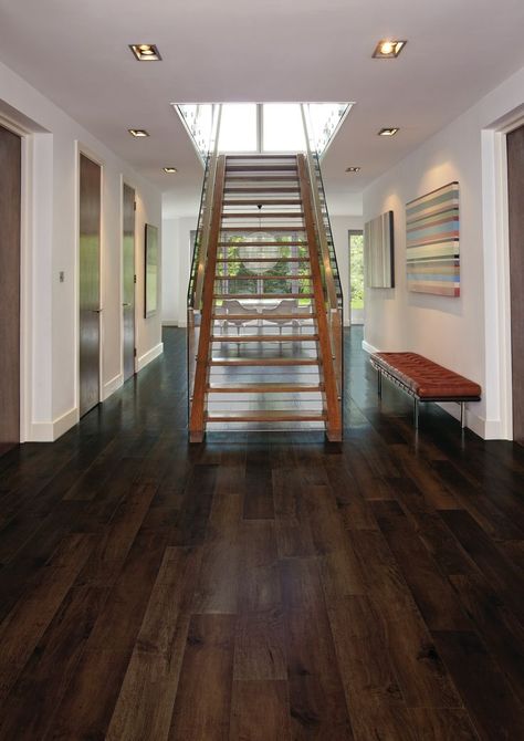 Winter Oak flooring by Karndean Designflooring in an open hallway and a close-up angled photo. Luxury Staircase, Karndean Flooring, Vinyl Planks, Vinyl Floor Tiles, Kitchen Colour Schemes, Stone Kitchen, Hall Decor, Carpet Stairs, Kitchen Floor