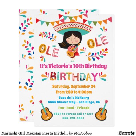 Mariachi Girl Mexcian Fiesta Birthday Party Card Mexican Birthday Invitations, Fiesta Birthday Party, Mexican Birthday, Playing The Guitar, 1st Birthday Themes, Fiesta Birthday, Baby Birthday Party, Custom Fonts, 10th Birthday