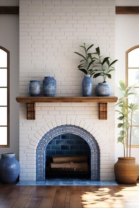 Tile Fireplace Spanish, Fireplace Centered Living Room, Small Brick Fireplace Makeover, Fireplace Makeover Short Ceiling, Hacienda Style Fireplace, Vintage Living Room Fireplace, Blue Tiled Fireplace, Elegant Fireplace Ideas, Small Room Fireplace