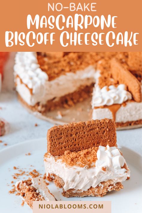 Baked Biscoff Cheesecake, Biscoff No Bake Cheesecake, Mascarpone Cheesecake No Bake, Lotus Biscoff Cheesecake Recipe, Recipes With Mascarpone Cheese, No Bake Lotus Biscoff Cheesecake, Biscoff Cookie Recipe, Savory Cheesecake, Mascarpone Recipes