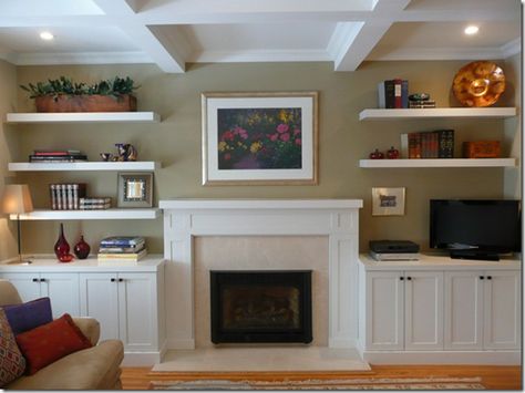 shelves and built ins on either side of the fireplace Flush Fireplace Wall Built Ins, Flat Fireplace With Built Ins, Wall Shelves Fireplace, Fireplace Mantle Shelves, Built Ins Around Flat Fireplace, Open Shelves Bookcase, Fireplace Flush With Wall Shelves, Floating Shelves Fireplace Wall, Flush Fireplace With Built Ins