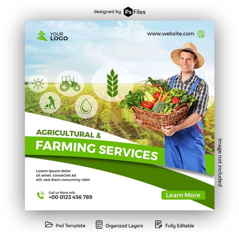 Free Agricultural and Farming Business Social Media Post Design PSD Template - PsFiles Agriculture Ads Design, Green Social Media Template, Farming Poster Design, Farm Banner Design, Agriculture Design Graphics, Agriculture Design Poster, Farm Social Media Design, Farm Social Media Post, Agriculture Social Media Design