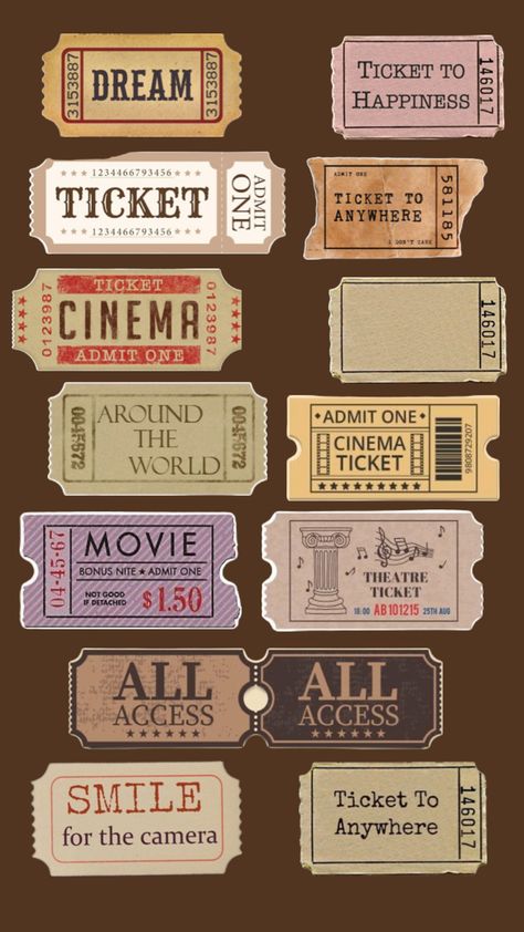 Aesthetic tickets cutouts | free illustration printable Admit One Ticket, Cinema Ticket, Free Printable Stickers, Stickers Aesthetic, Diy Journal Books, Sweet Snacks Recipes, Free Illustration, Digi Scrap, Diy Journal