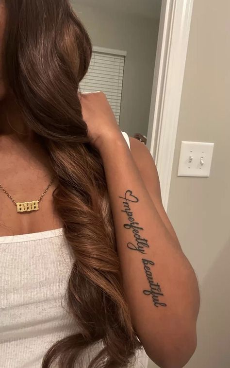 Back Of Neck Tattoo Woman, Tattoos Women Arm Small, Clean Tattoo Placement, Black Girls With Tattoos Ideas, Cute Small Tattoos For Black Women, Tattoo Placements For Words, Beautiful Soul Tattoo Words, Bf Name Tattoo Ideas Small, Tattoo Ideas For Male And Female Friends