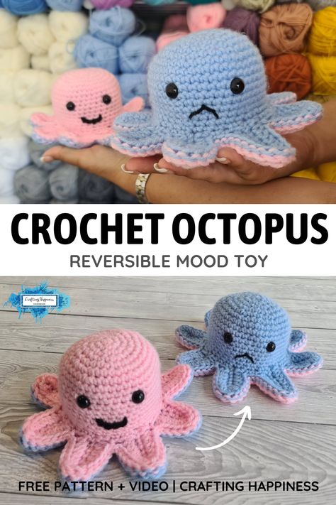 Crochet Reversible Octopus Plush Mood Toy, no sewing required. Free crochet pattern and step by step video tutorial by Crafting Happiness. Crochet Mood Octopus Free Pattern, Crochet Plush Octopus, Crochet Mood Octopus, Reversable Octopus Plushy Crochet, Crochet Flip Octopus Free Pattern, Crochet Flip Octopus, Funny Amigurumi Free Crochet, Mood Octopus Crochet Pattern, Funny Crochet Patterns Free