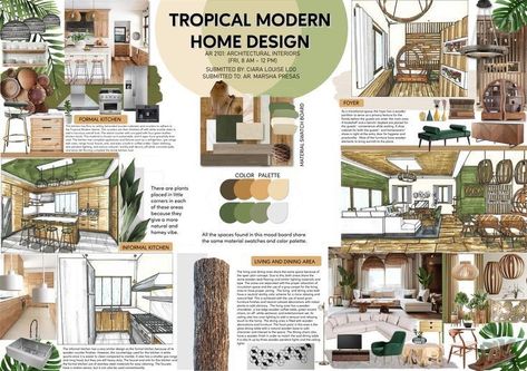 Architectural Proposal Presentation, Architectural Moodboard Presentation, Landscape Mood Board Design, Presentation Mood Board, Modern Tropical Mood Board, Architecture Mood Board Presentation, Mood Boards For Interior Design, Tropical Modernism Interior, Mood Board Architecture Concept