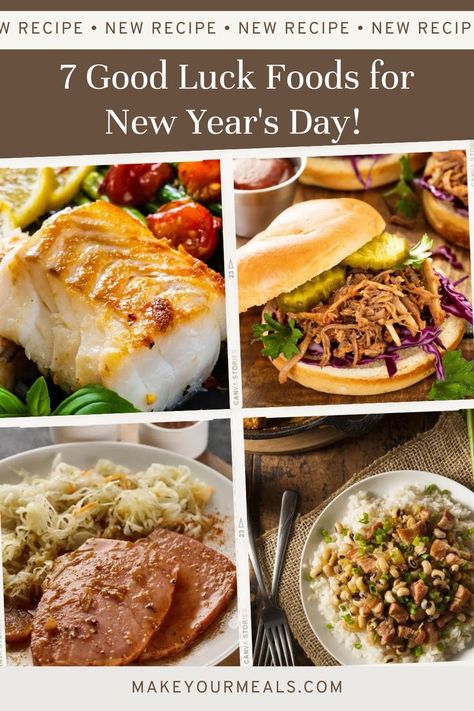 Several foods that are considered traditional New Year's Day good luck meals including fish, pork, sauerkraut, and black eyed peas. From makeyourmeals.com. Healthy Food For Dinner, Easy Healthy Food, New Years Day Meal, Healthy Food Prep, Healthy Food Recipies, Lucky Food, Food For Dinner, Healthy Foods To Make, Healthy Food Ideas